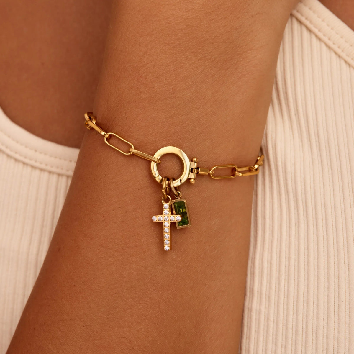 PERSONALIZED BIRTHSTONE PAPERCLIP CROSS CHARM BRACELET