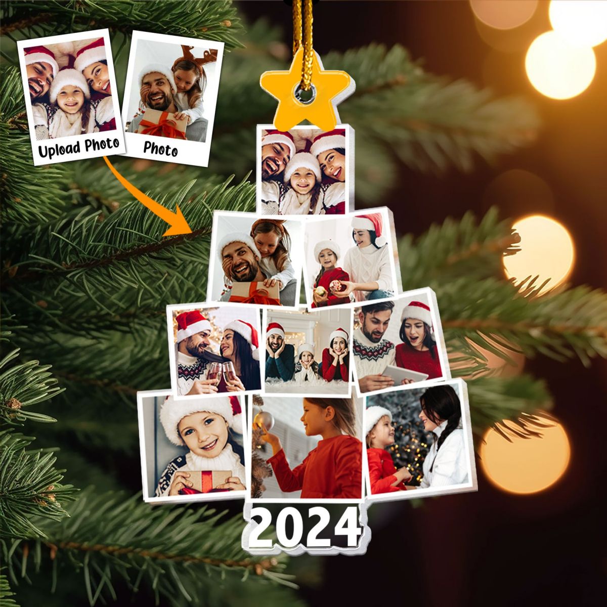Christmas Upload Photo Family Pine Tree Personalized Ornament