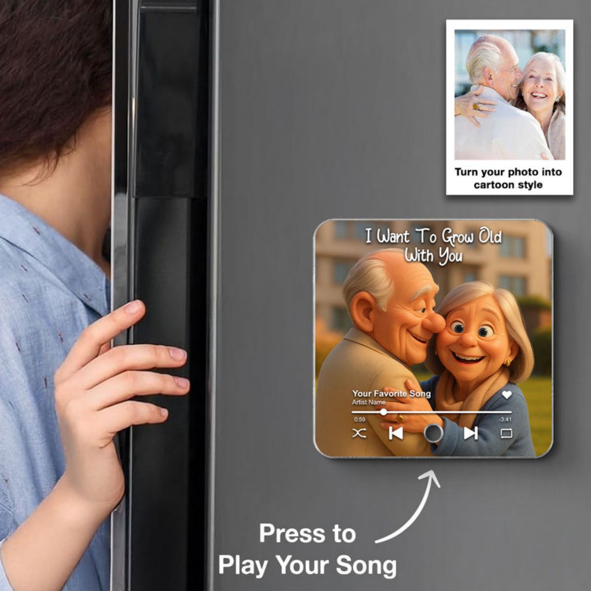 I Want to Grow Old with You Cartoon Couple Personalized Music Fridge Magnet, Heartfelt 2025 Gift, Anniversary Gift For Couple, For Him, For Her, Husband, Wife