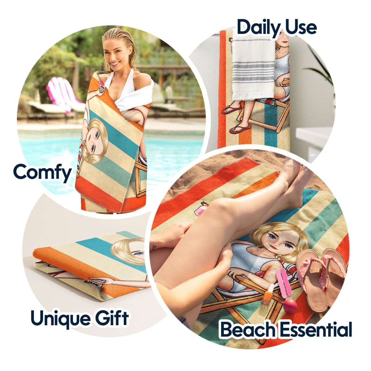 Traveling Beach Poolside Swimming Picnic Vacation Cartoon - Personalized Custom Beach Towel