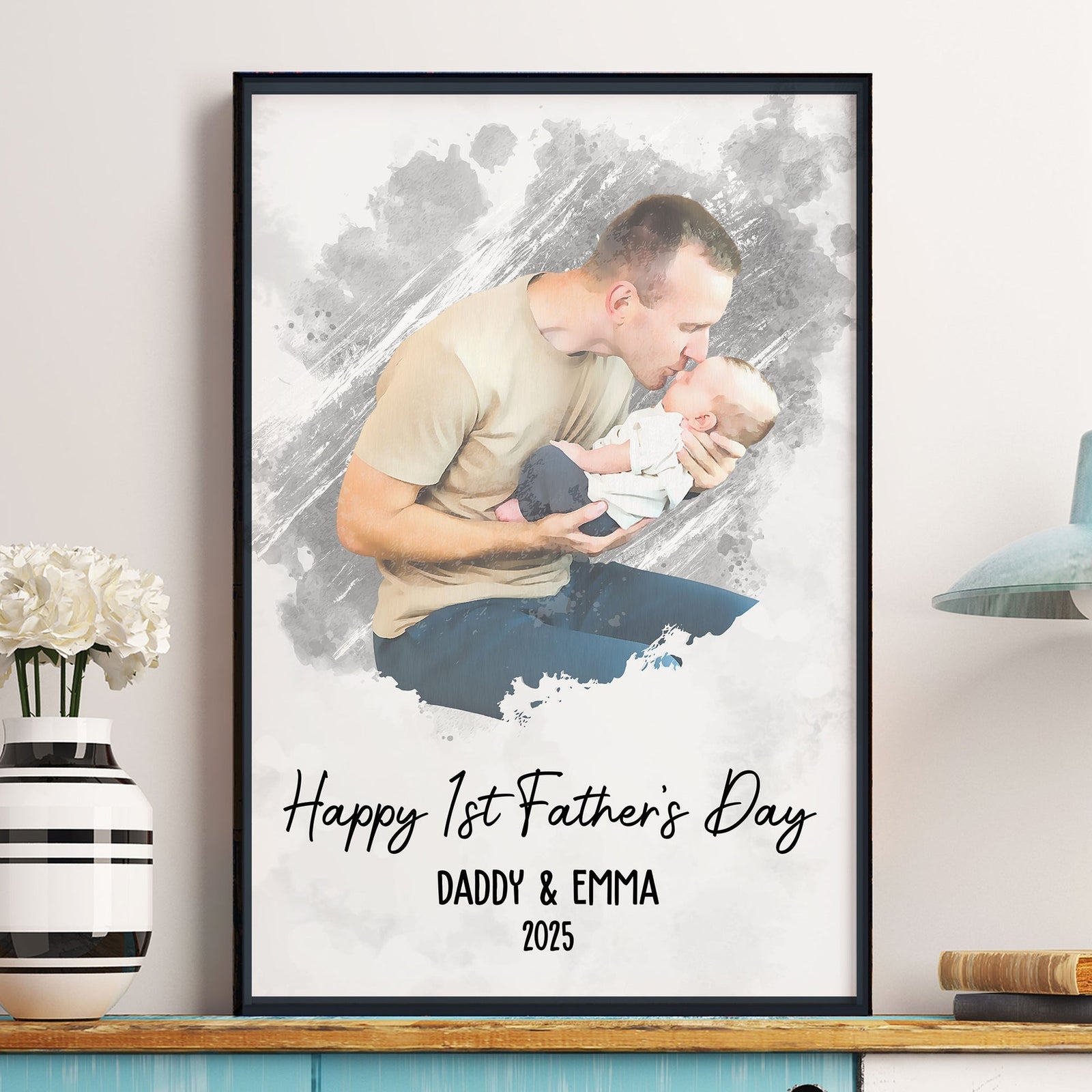 Happy 1st Father's Day - Watercolor Style Personalized Photo Poster/Canvas