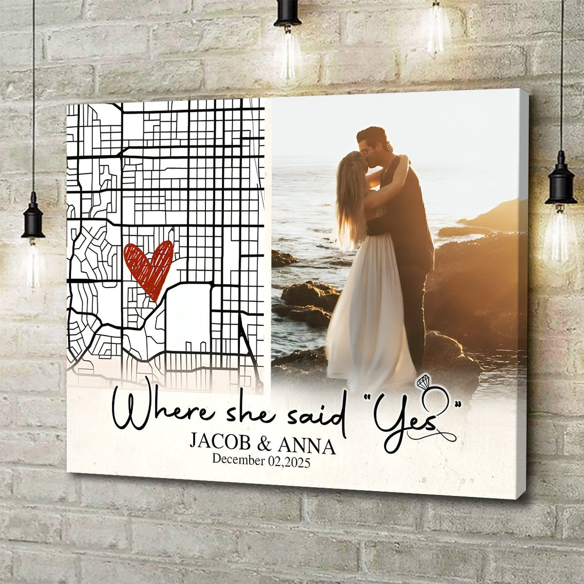 Personalized Engaged Gift, Where She Said Yes Custom Engagement Map Canvas, Engagement Gift for Couple, Unique Gift For Newly Engaged