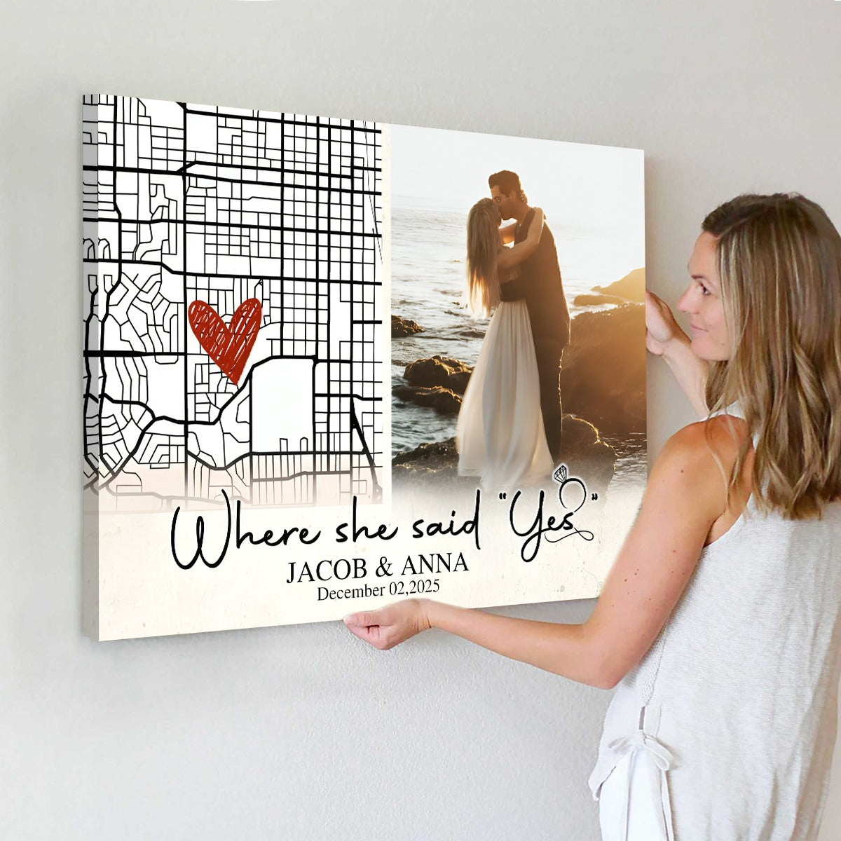 Personalized Engaged Gift, Where She Said Yes Custom Engagement Map Canvas, Engagement Gift for Couple, Unique Gift For Newly Engaged