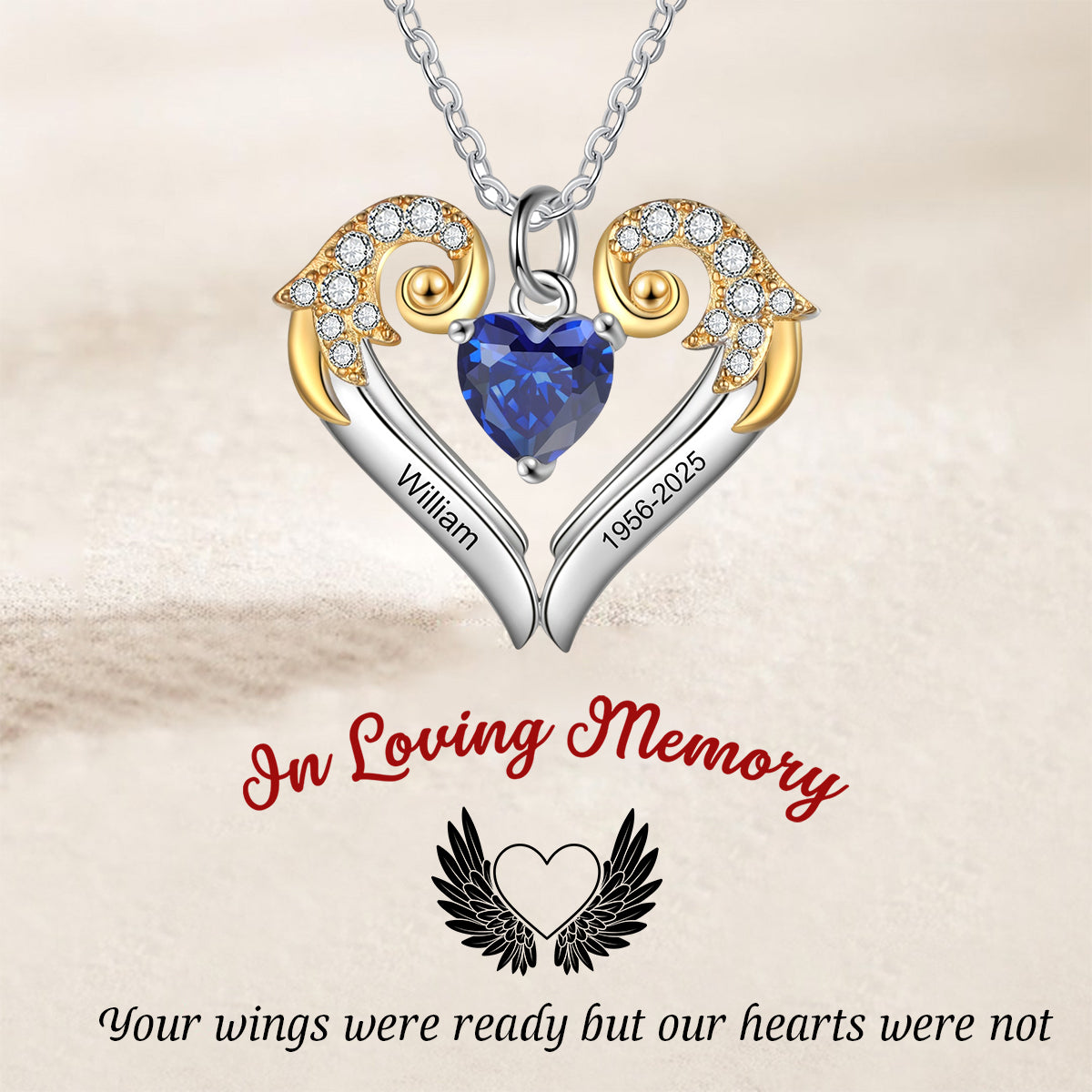 Personalized Birthstone Heart Wings Memorial Necklace