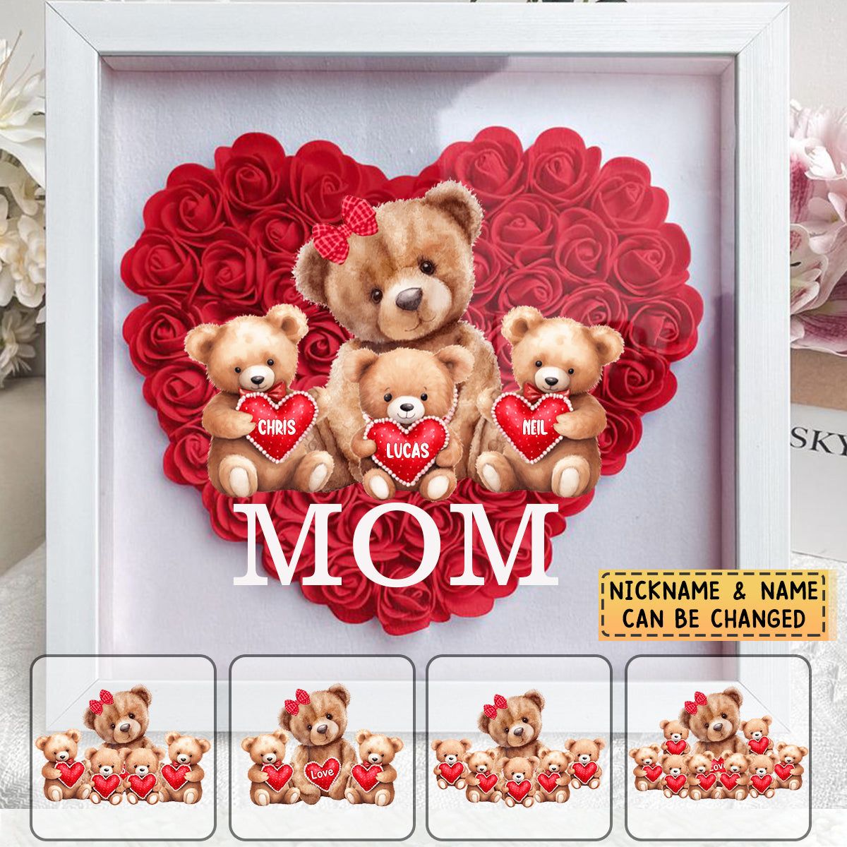 Personalized Bear With Cute Little Bear Kids Flower Shadow Box