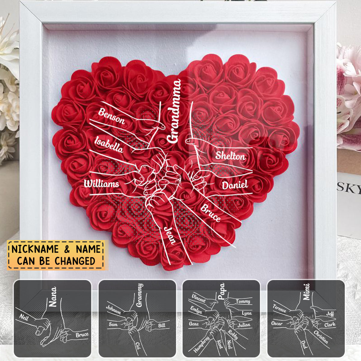 Personalized Holding Mom's Hand Heart Flower Shadow Box