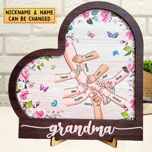 Personalized Grandma Holding Hand With Grandkids Heart Shaped Wooden Plaque