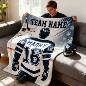 Custom Team Name, Player Name & Number Personalized Hockey Blanket Gift for Hockey Lovers