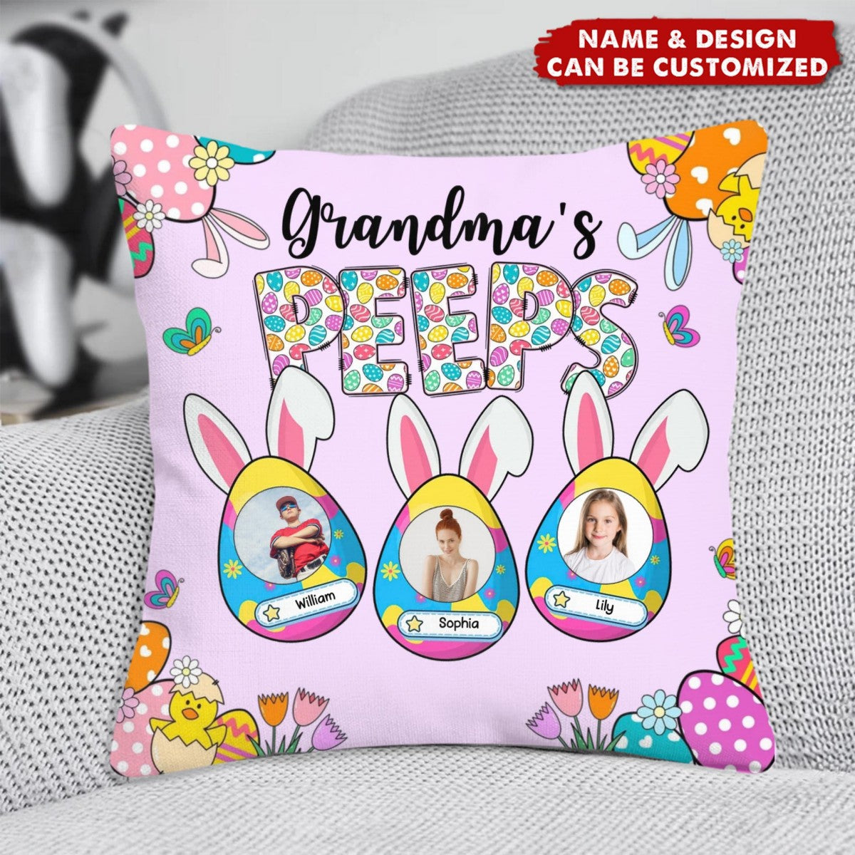 Grandma's Bunnies Ears Easter Eggs Photo Soft Throw Pillow Cover with Name - Personalized Pillow