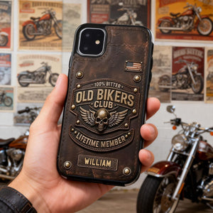 Old Bikers Club Leather Wallet Phone Case, Personalized Phone Case for Motorcycle Rider