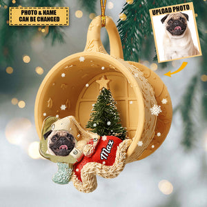 Personalized Pet Sleeping In A Tiny Cup Christmas Holiday Upload Photo Ornament-Gift For Pet Lover