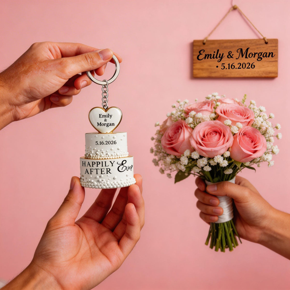 Wedding Cake Personalized Keychain, Newlywed Gifts, Couple Gifts