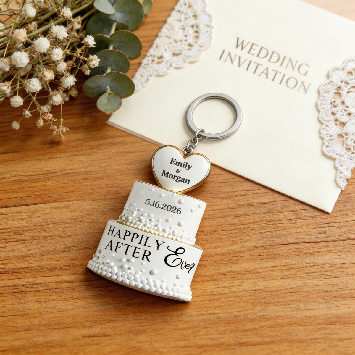Wedding Cake Personalized Keychain, Newlywed Gifts, Couple Gifts