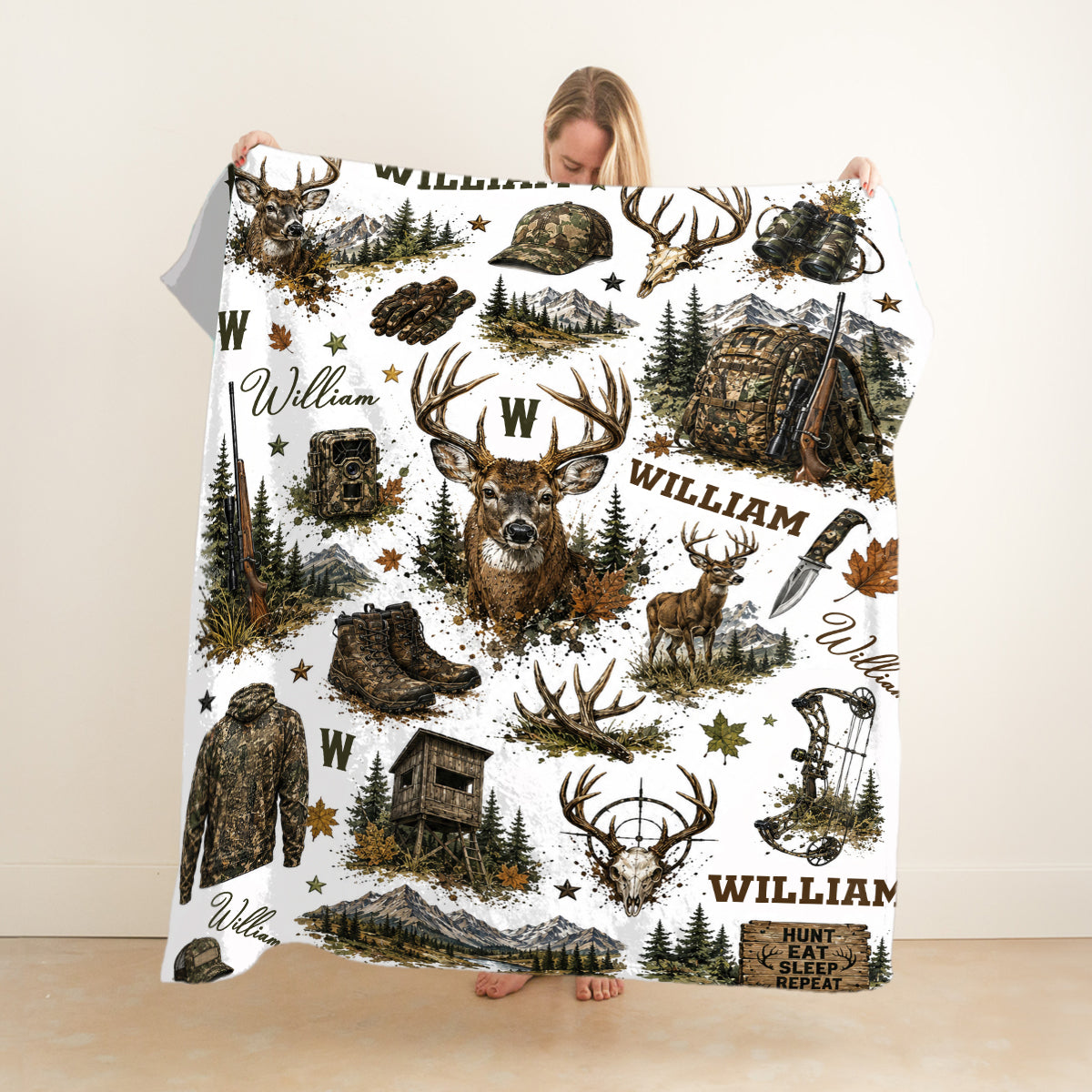 Personalized Hunting Blanket, Custom Deer Hunting Blanket with Name, Camo Hunter Throw Blanket, Outdoor Cabin Decor, Gift for Hunter Him
