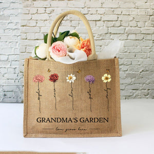 Personalized Grandma's Garden Love Grows Here Vintage Birth Flowers Jute Tote Bag