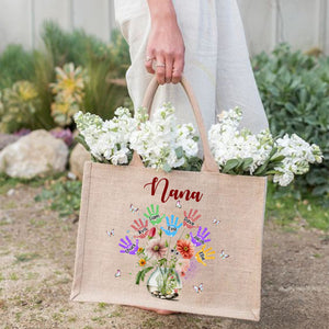 Personalized Grandma Flower Handprint Kids Beach Jute Tote Bag