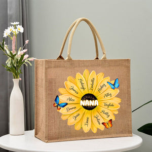 Personalized Grandma/Mom With Kids Name Flower Jute Tote Bag