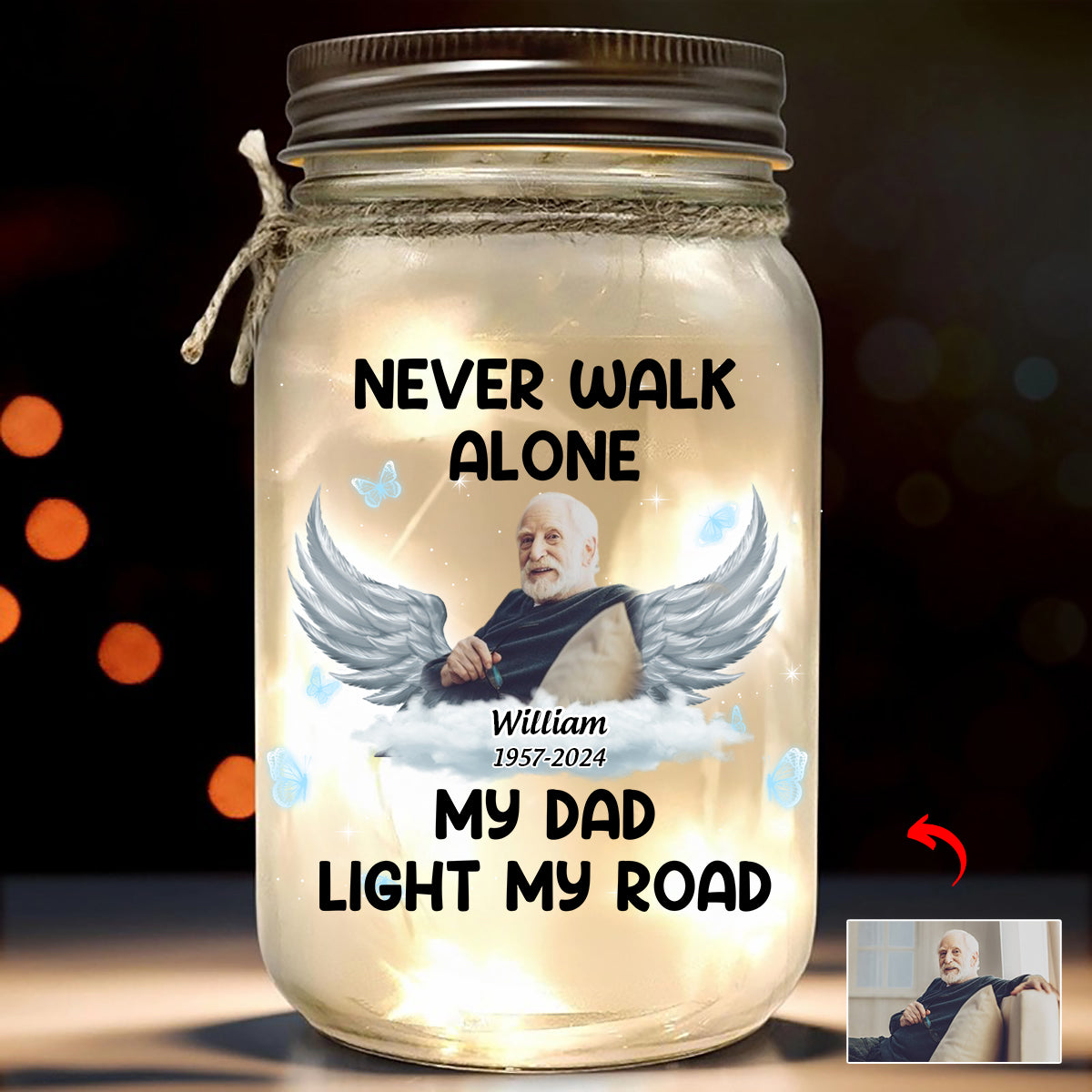 Personalized Never Walk Alone Memorial Mason Jar Light