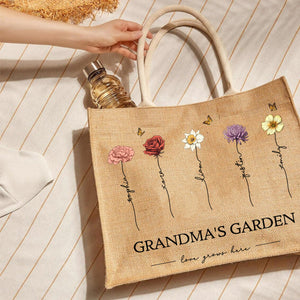 Personalized Grandma's Garden Love Grows Here Vintage Birth Flowers Jute Tote Bag