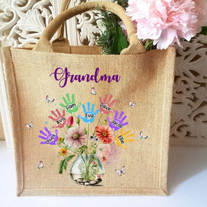 Personalized Grandma Flower Handprint Kids Beach Jute Tote Bag