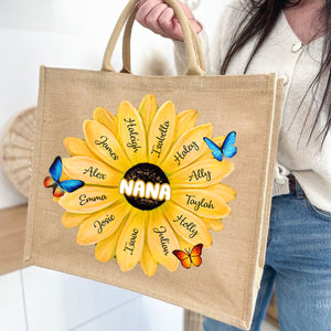 Personalized Grandma/Mom With Kids Name Flower Jute Tote Bag