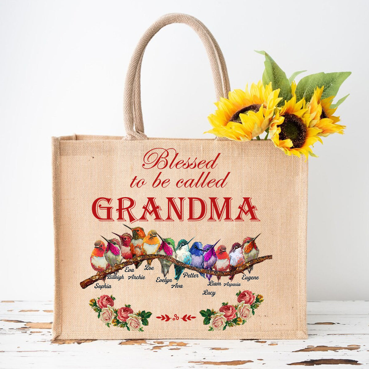 Personalized Blessed Bird Grandma Kids Flower Jute Tote Bag