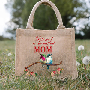 Personalized Blessed Bird Grandma Kids Flower Jute Tote Bag