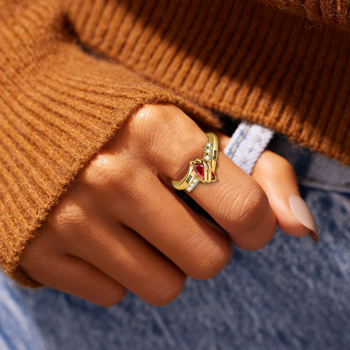 Personalized Memorial Birthstone Ring with Engraved Text