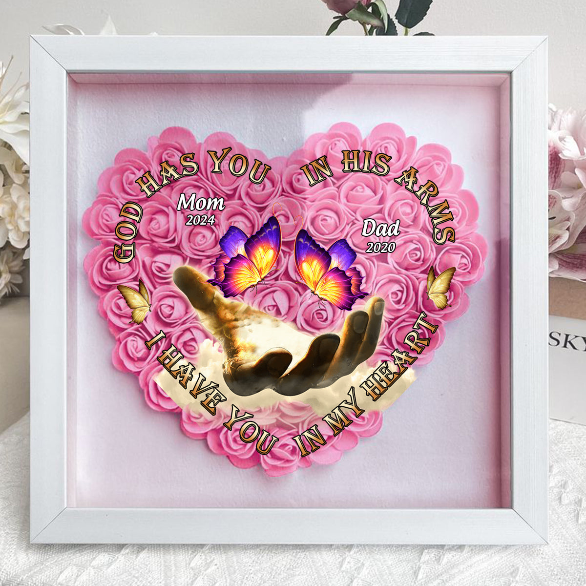 Personalized God Has You In His Arms Flower Shadow Box