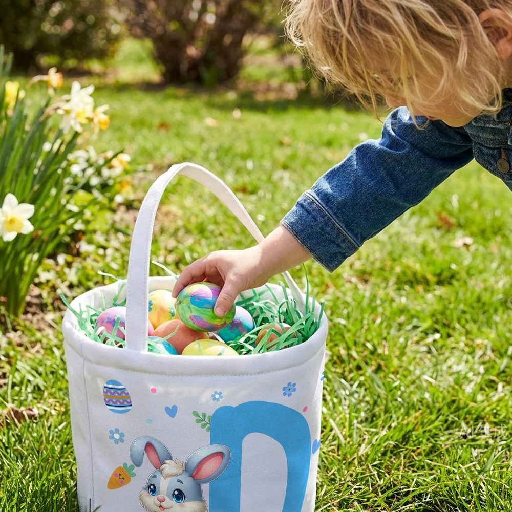 Personalized Cute Bunny Flower Canvas Easter Basket with Name and Initial Egg Hunting Accessories Easter Gift for Boys Girls