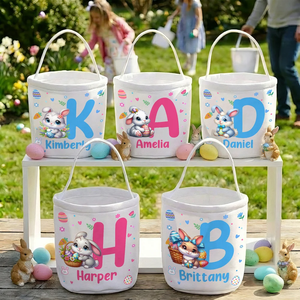 Personalized Cute Bunny Flower Canvas Easter Basket with Name and Initial Egg Hunting Accessories Easter Gift for Boys Girls