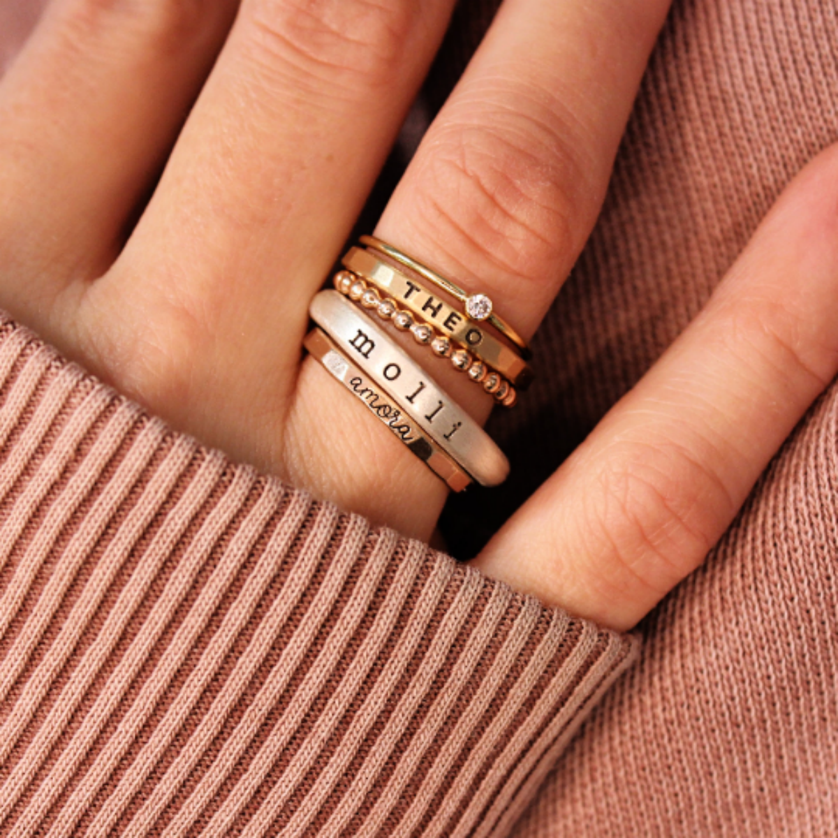 Personalized Mixed Metal Stackable Name Birthstone Ring Gifts