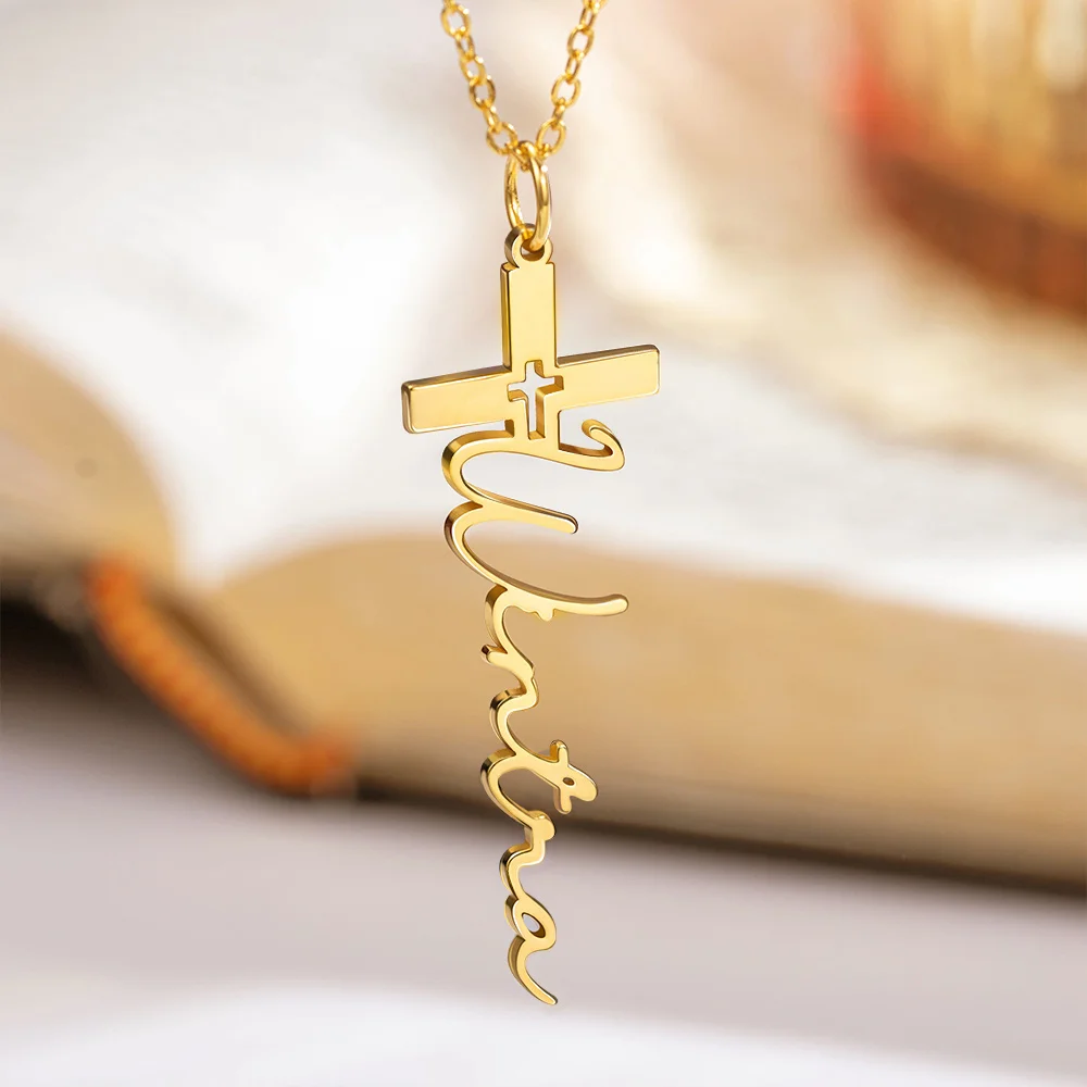 Personalized Cross Pendant Necklace with Name Crucifix Jewelry Christening Baptism First Communion Gift for Her