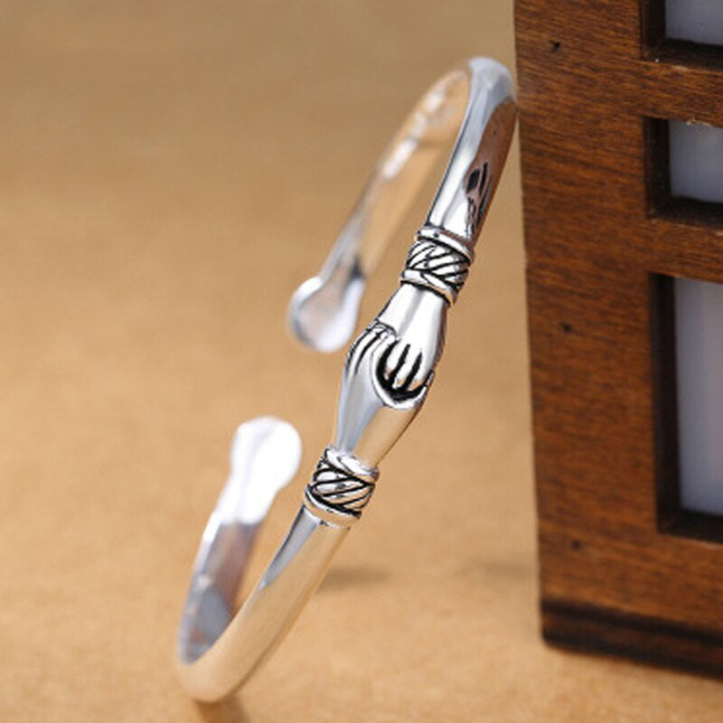 Vintage Silver Adjustable Hug Hands Bangle Open Unique Bracelet