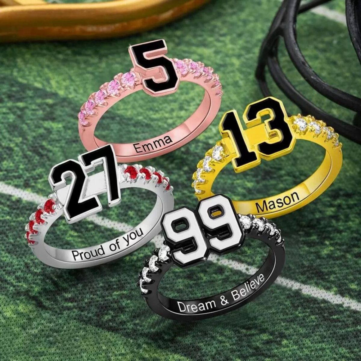 Personalized Sports Team Number Birthstone Ring with Custom Engraving Text - Basketball Baseball Mom Ring