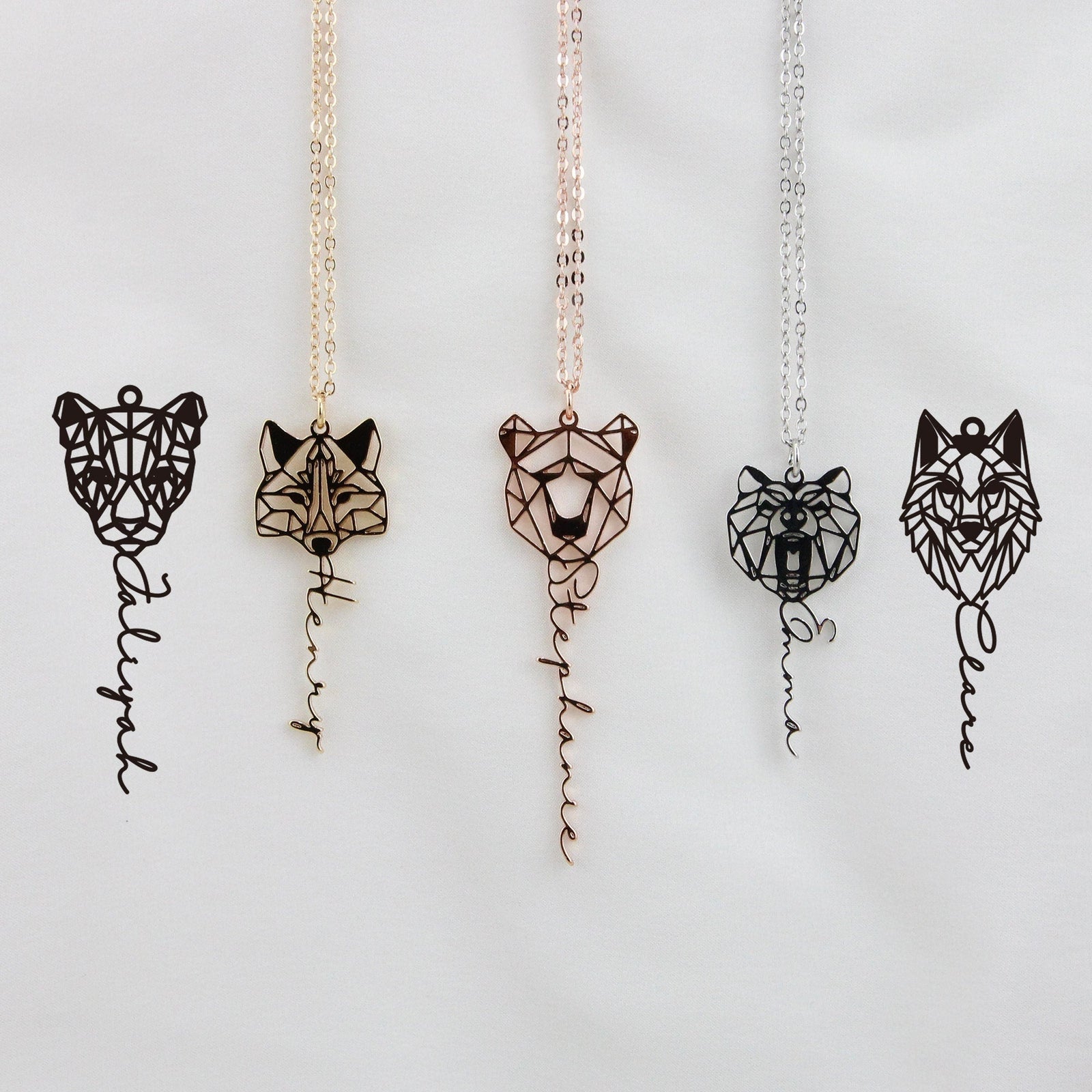 Custom Chain Animal Necklace with Name, Personalized Wolf/ Fox/ Mama Bear/ Lion Geometric Jewelry for Women, Memorial Gift for Her/Mother
