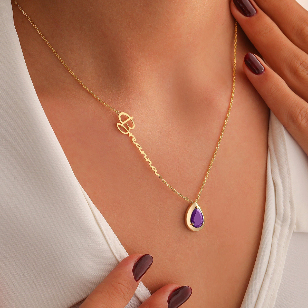 Custom Personalized Diamond Birthstone, Teardrop Stone with Name Necklace, Multi Gemstone Pendant for Her