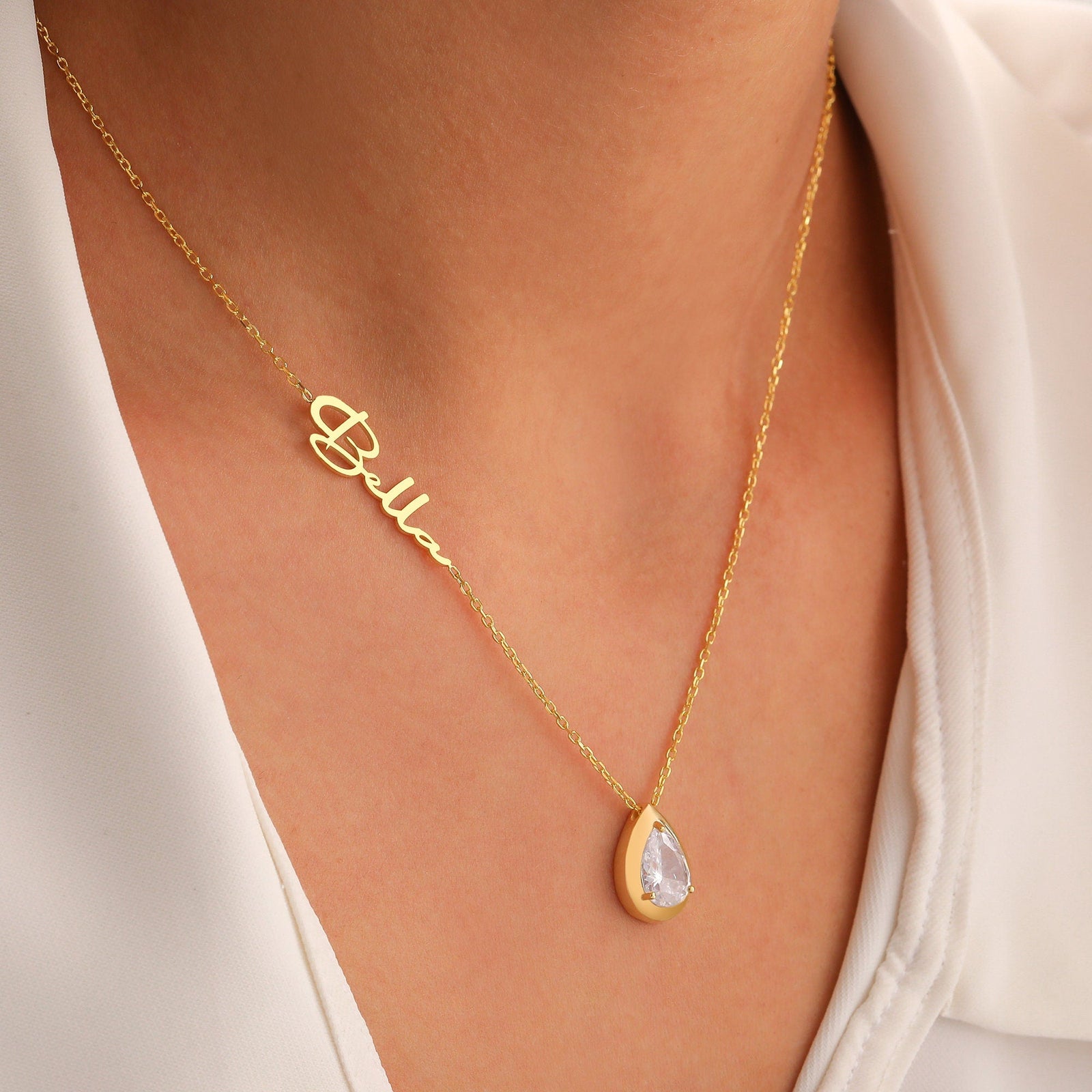 Custom Personalized Diamond Birthstone, Teardrop Stone with Name Necklace, Multi Gemstone Pendant for Her