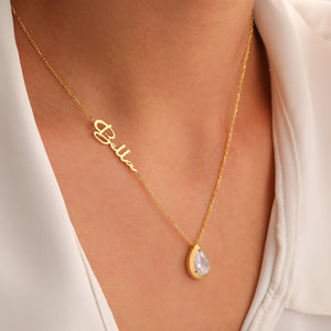 Custom Personalized Diamond Birthstone, Teardrop Stone with Name Necklace, Multi Gemstone Pendant for Her