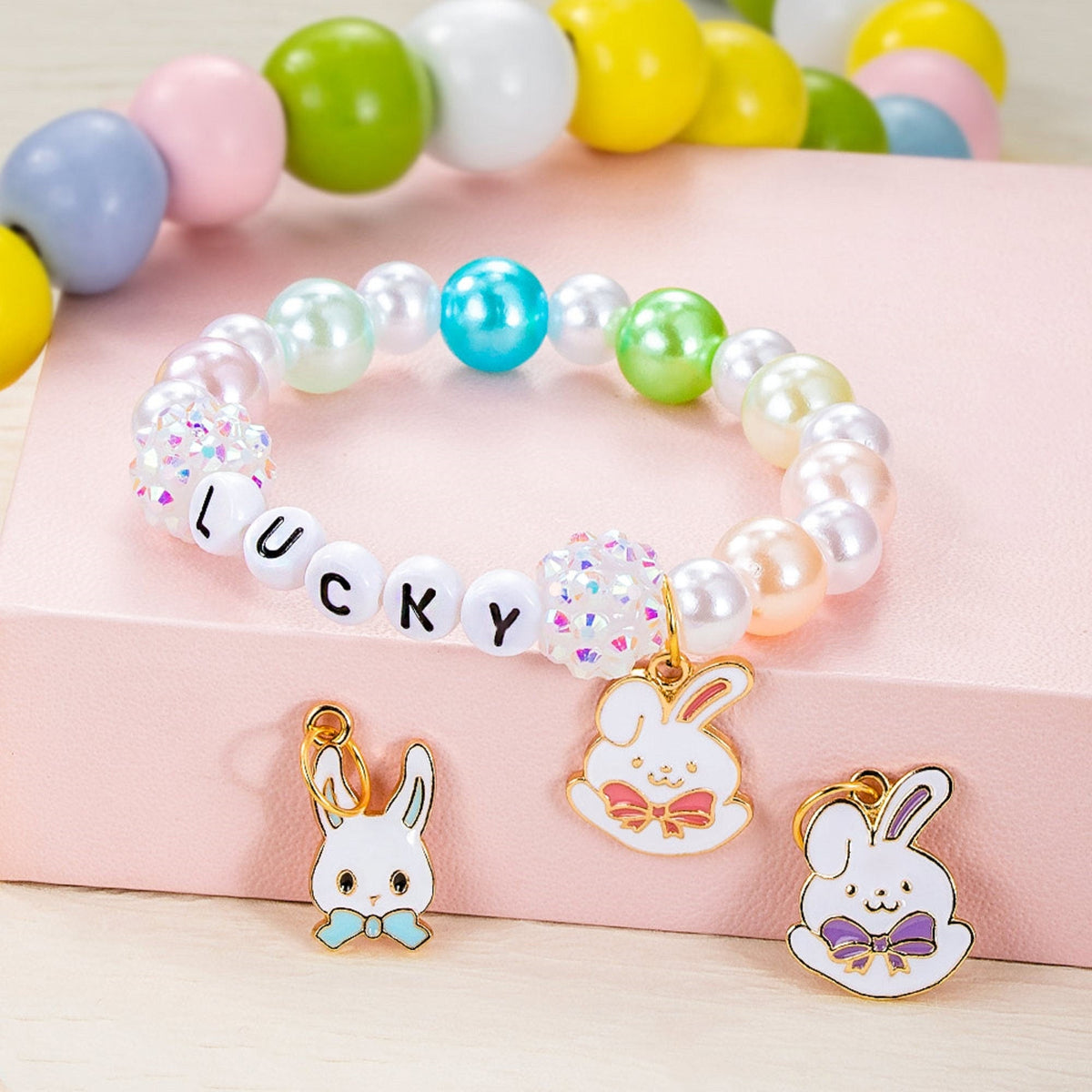 Personalized Cute Pearl Beaded Stretch Name Bracelet with Bunny Charm Easter Gift for Kids