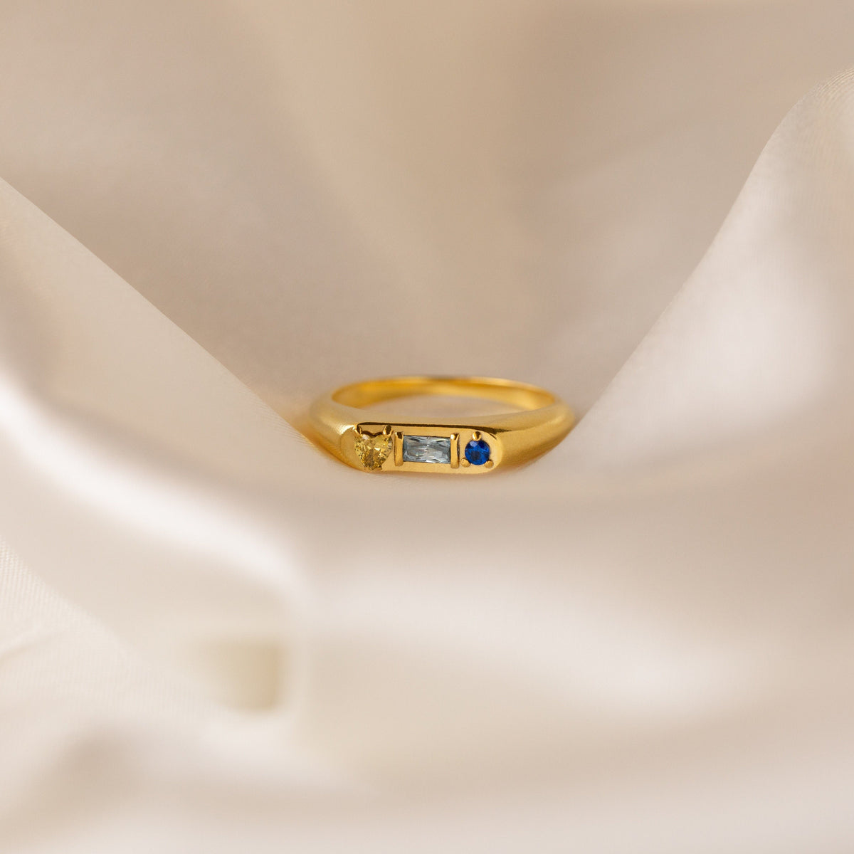 Personalized Gemstone Signet Ring • Birthstone Ring with Heart, Baguette & Circle Birthstones