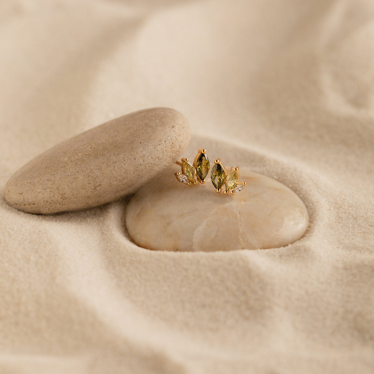 Minimalist Stud Earrings, Olive Leaf Style • Green Crystal Earrings