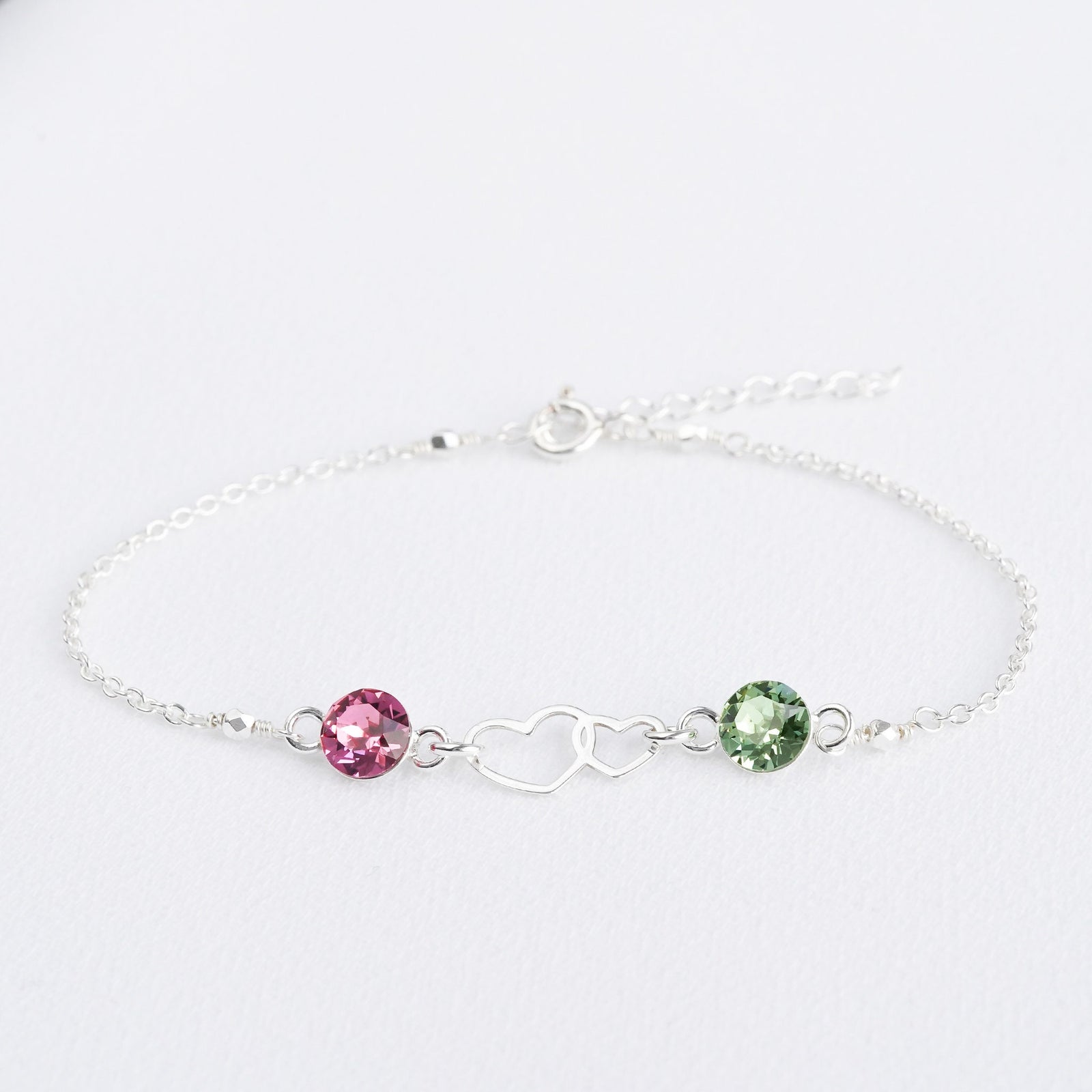 Personalized Double Heart Two Birthstone Bracelet