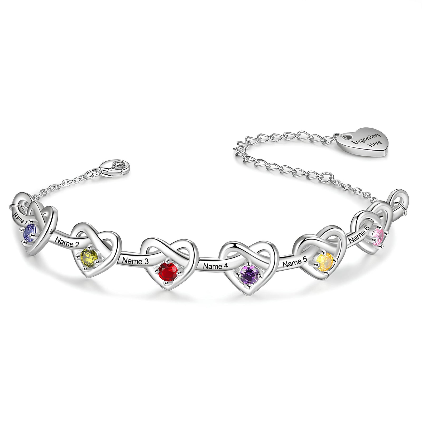 Personalized Linked Heart Bracelet With Birthstones Engraved Name