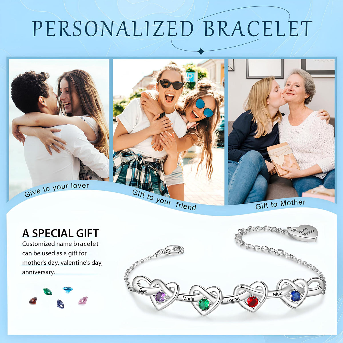 Personalized Linked Heart Bracelet With Birthstones Engraved Name