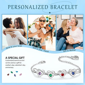 Personalized Linked Heart Bracelet With Birthstones Engraved Name