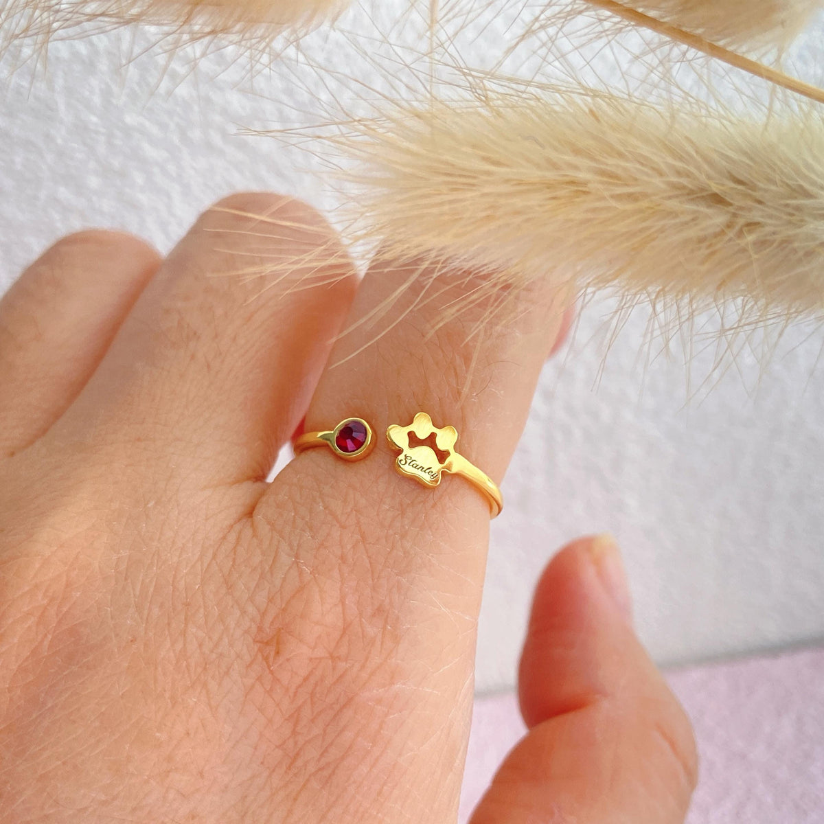 Personalized Engraved Paw Birthstone Ring Gift for Pet Lovers