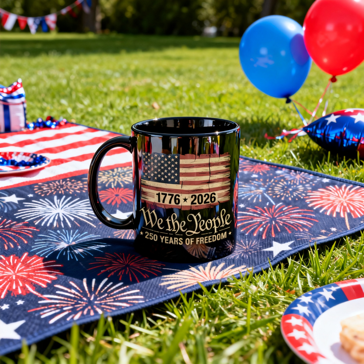 America 250th Birthday US Flag 250 Years We The People Black Mug