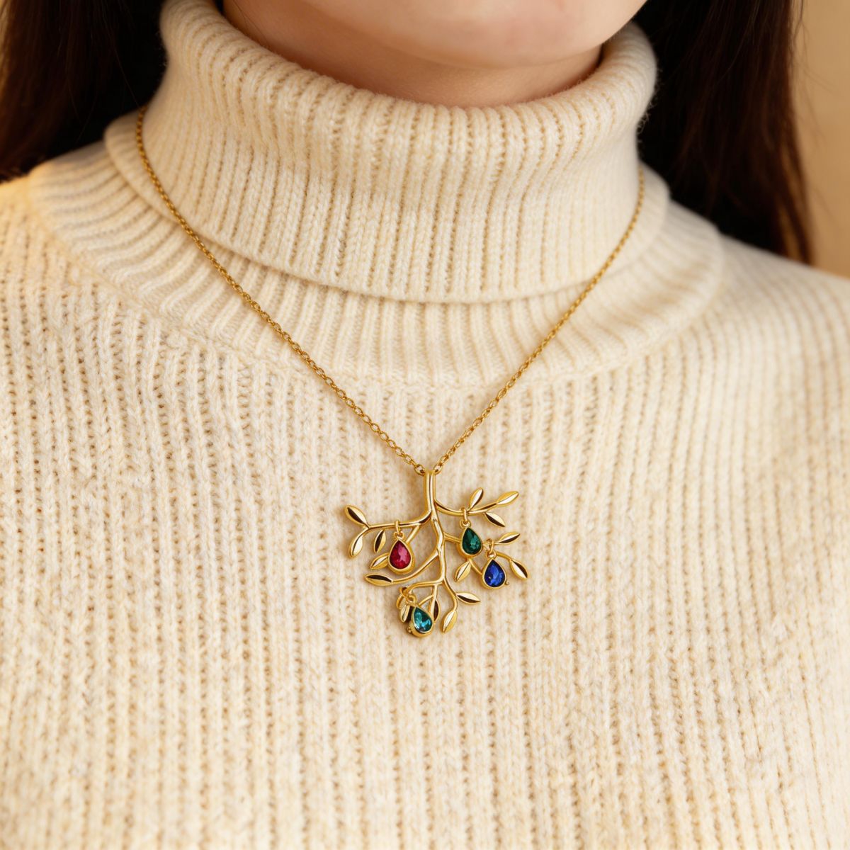 Personalized Family Tree Necklace: Initial Leaf Charms, Birthstone Jewelry