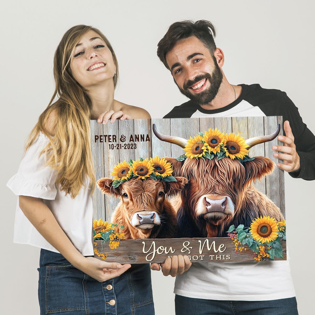 Personalized Couples Gifts Rustic Farmhouse Decor Highland Cows Canvas